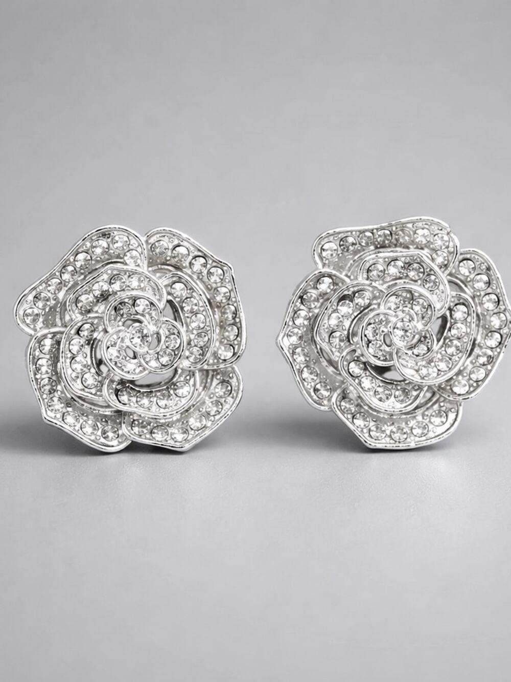 Silver Rhinestone Flower Stud Earrings Sterling plated